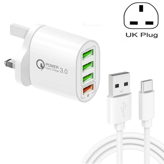 QC-04 QC3.0 + 3 x USB2.0 Multi-ports Charger with 3A USB to Type-C Data Cable, UK Plug(White) - Mobile Accessories by buy2fix | Online Shopping UK | buy2fix