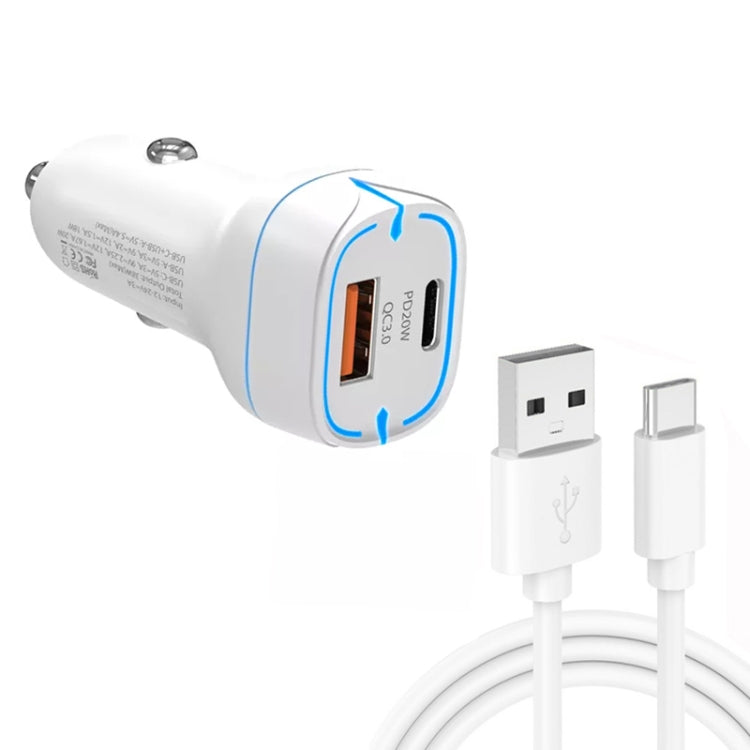 38W PD20W + QC3.0 USB Car Charger with USB to Type-C Data Cable, Length: 1m(White) - In Car by buy2fix | Online Shopping UK | buy2fix