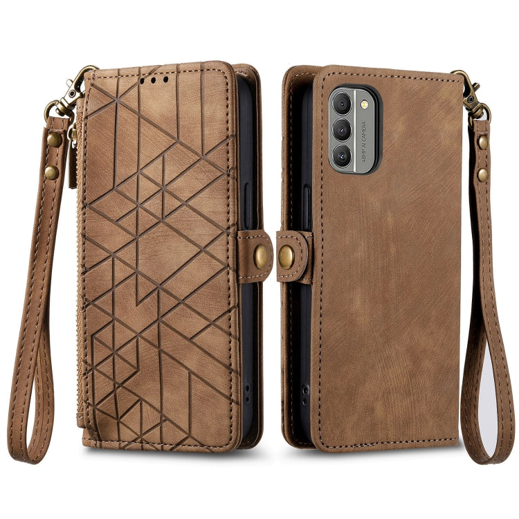 For Nokia C12 Geometric Zipper Wallet Side Buckle Leather Phone Case(Brown) - Nokia Cases by buy2fix | Online Shopping UK | buy2fix