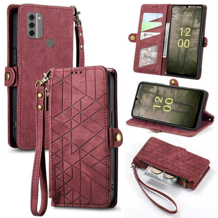 For Nokia C31 Geometric Zipper Wallet Side Buckle Leather Phone Case(Red) - Nokia Cases by buy2fix | Online Shopping UK | buy2fix