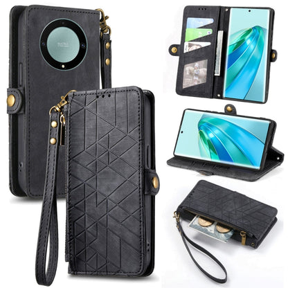 For Honor X9A Geometric Zipper Wallet Side Buckle Leather Phone Case(Black) - Honor Cases by buy2fix | Online Shopping UK | buy2fix