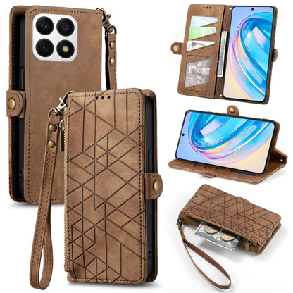 For Honor X8A Geometric Zipper Wallet Side Buckle Leather Phone Case(Brown) - Honor Cases by buy2fix | Online Shopping UK | buy2fix