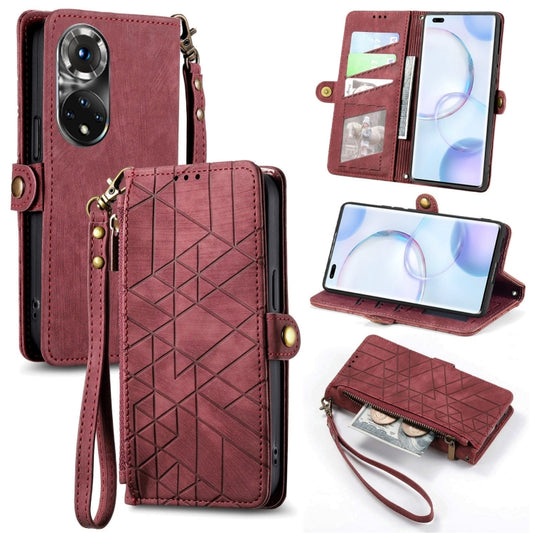 For Honor 50 Pro Geometric Zipper Wallet Side Buckle Leather Phone Case(Red) - Honor Cases by buy2fix | Online Shopping UK | buy2fix