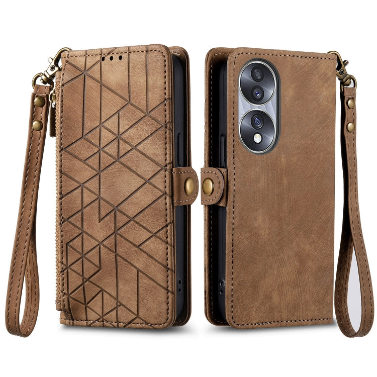 For Honor 50 Pro Geometric Zipper Wallet Side Buckle Leather Phone Case(Brown) - Honor Cases by buy2fix | Online Shopping UK | buy2fix