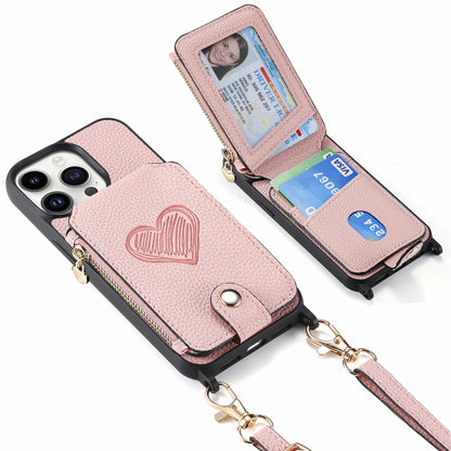 For iPhone 15 Pro Max Crossbody Love Zipper Leather Back Phone Case(Pink) - iPhone 15 Pro Max Cases by buy2fix | Online Shopping UK | buy2fix