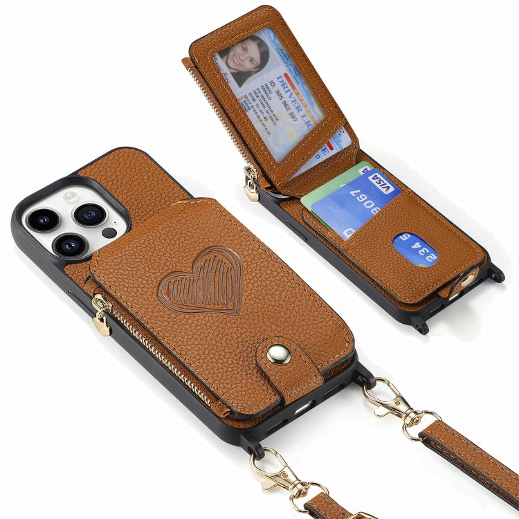 For iPhone 15 Pro Max Crossbody Love Zipper Leather Back Phone Case(Brown) - iPhone 15 Pro Max Cases by buy2fix | Online Shopping UK | buy2fix