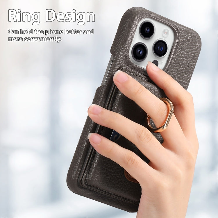 For iPhone 15 Pro Max Litchi Leather Oil Edge Ring Card Back Phone Case(Grey) - iPhone 15 Pro Max Cases by buy2fix | Online Shopping UK | buy2fix