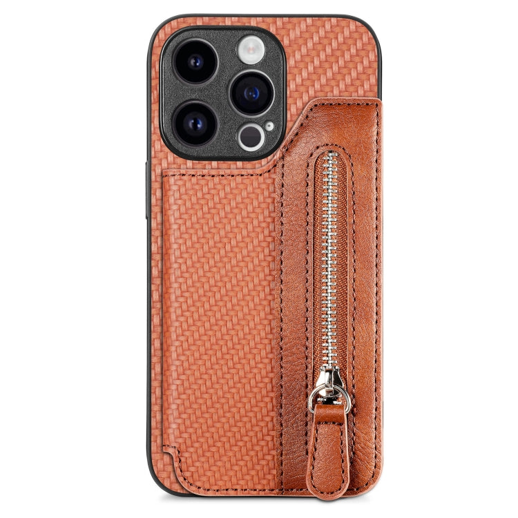 For iPhone 15 Pro Max Carbon Fiber Horizontal Flip Zipper Wallet Phone Case(Brown) - iPhone 15 Pro Max Cases by buy2fix | Online Shopping UK | buy2fix