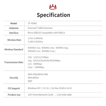 Comfast CF-958AC High Power PA Wifi Adapter 1900Mbps Gigabit E-Sports Network Card 2.4Ghz+5.8Ghz USB 3.0 PC Lan Dongle Receiver - Wireless Routers by COMFAST | Online Shopping UK | buy2fix