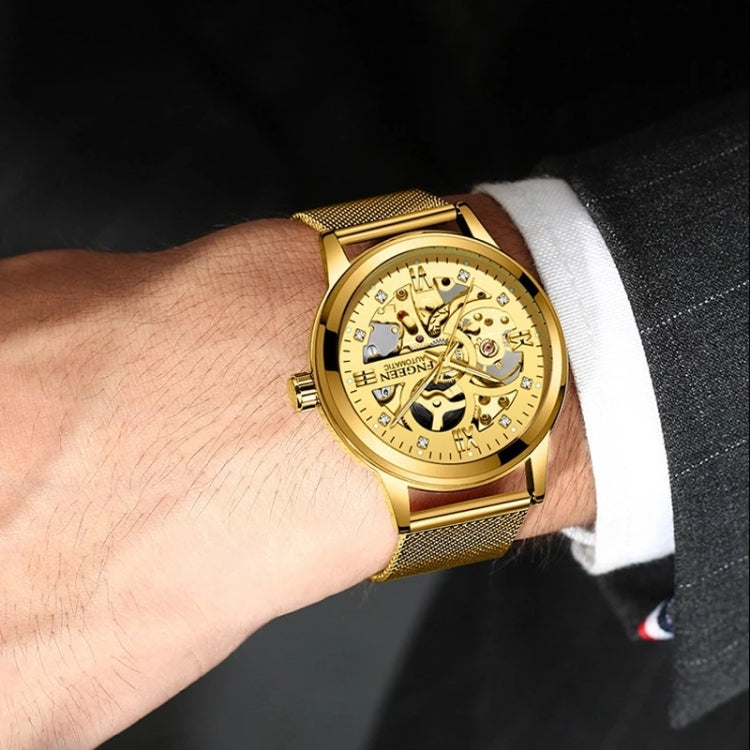 FNGEEN 6018 Men Automatic Mechanical Watch Waterproof Luminous Diamond Double-Sided Hollow Watch(Black Mesh Belt Black Surface) - Alloy Watches by FNGEEN | Online Shopping UK | buy2fix