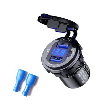 Aluminum Alloy Double QC3.0 Fast Charge With Button Switch Car USB Charger Waterproof Car Charger Specification: Black Shell Blue Light With Terminal - In Car by buy2fix | Online Shopping UK | buy2fix