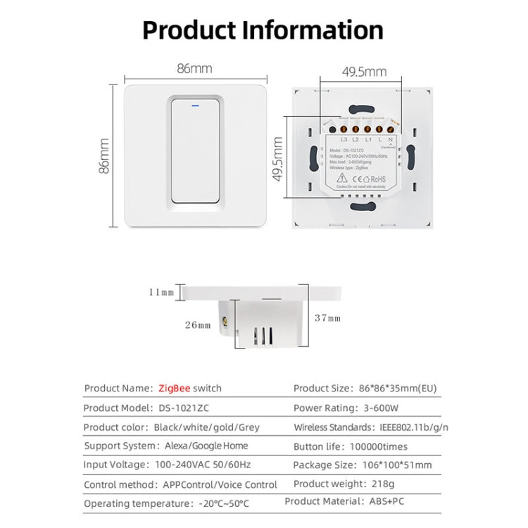 Tuya ZigBee Smart Single-fire Zero-fire Sharing Switch Phone Control Voice Panel EU Plug, Spec: 2 Buttons - Consumer Electronics by buy2fix | Online Shopping UK | buy2fix