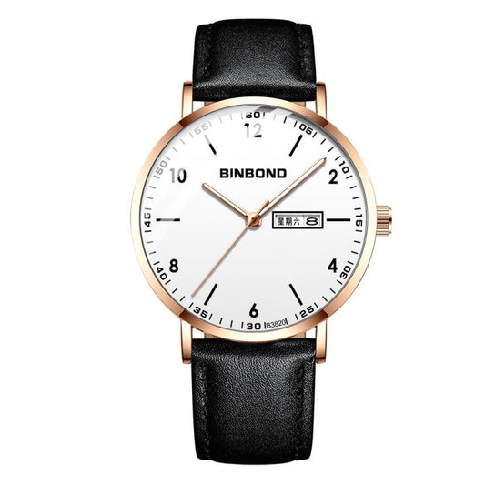 BINBOND B3820 30M Waterproof Ultra-thin Quartz Luminous Starry Watch, Color: Black Leather-Rose Gold-White - Metal Strap Watches by BINBOND | Online Shopping UK | buy2fix