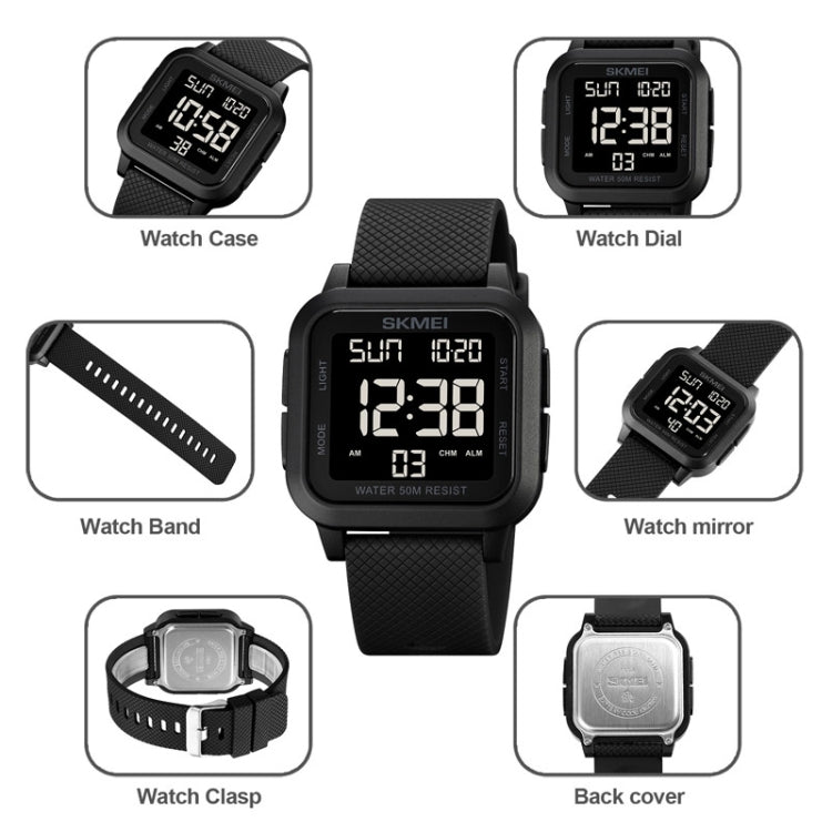 SKMEI 1894 Square Sports Waterproof Student Simple Multifunctional Luminous Watch(Black Black Machine) - Sport Watches by SKMEI | Online Shopping UK | buy2fix