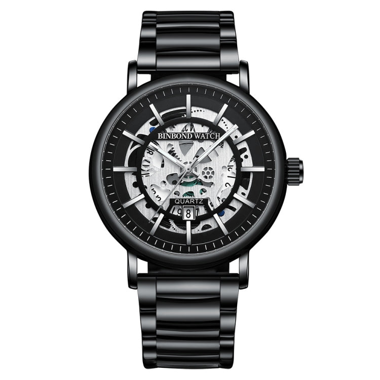 BINBOND B7872 Multifunctional Hollow Luminous Waterproof Quartz Watch, Color: Black Steel-Black-White - Metal Strap Watches by BINBOND | Online Shopping UK | buy2fix