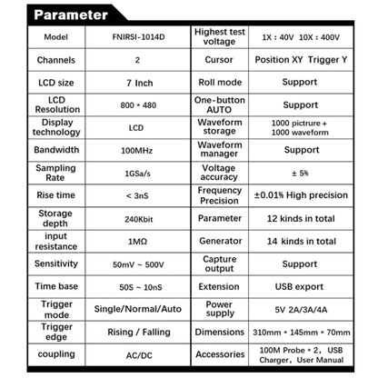 FNIRSI 1014D +P4100 Probe 2 in 1 Dual-channel 100M Bandwidth Digital Oscilloscope 1GS Sampling Signal Generator, US Plug - Digital Multimeter by FNIRSI | Online Shopping UK | buy2fix