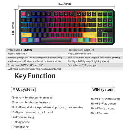 Ajazz K870T 87-Key Hot Swap Bluetooth/Wired Dual Mode RGB Backlight Office Game Mechanical Keyboard Red Shaft (White) - Wireless Keyboard by Ajazz | Online Shopping UK | buy2fix