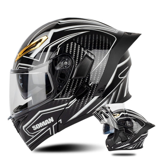 SOMAN Motorcycle Dual Lens Riding Peel-Off Full Coverage Helmet, Size: XXL(Bright Black White) - Helmets by SOMAN | Online Shopping UK | buy2fix